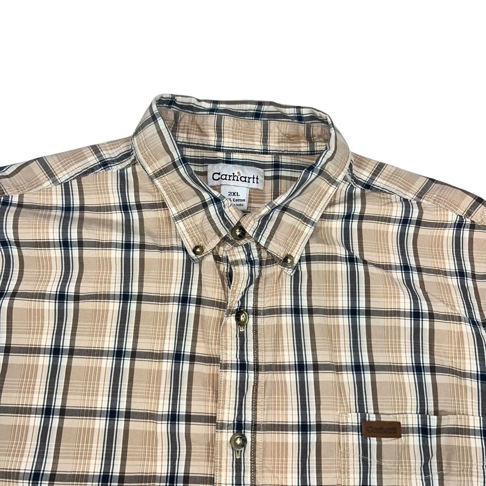 Carhartt Mens 2XL Plaid Button Up Short Sleeve Shirt Beige Blue Cotton - Picture 2 of 11